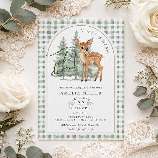Convite Chamada de Bebê Xadrez Verde Neutro em Gênero Oh D (Oh Deer Gender Neutral Green Gingham Baby Shower Invitation)