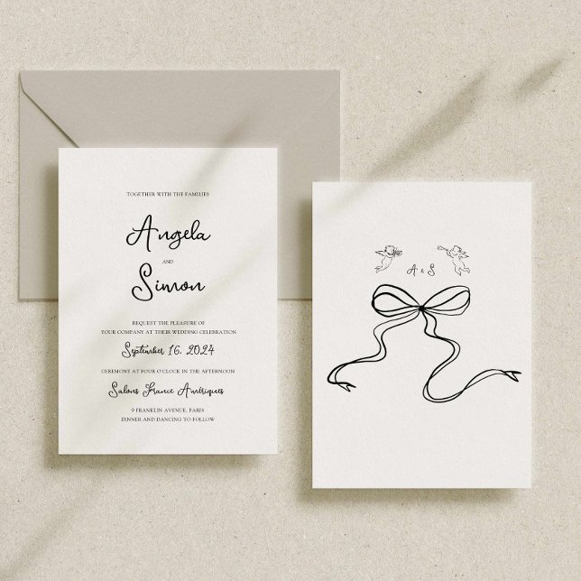 Convite Chamada de Casamento de Cherub, Arco desenhado à m (hand drawn wedding invitation, bow cherub illustrated, hand written destination wedding invitation)