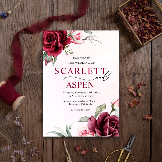 Convite Chamada de Casamento Floral de Merlot Burgundy (Criador carregado)