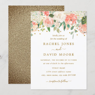 Convite Chamada de Casamento Floral Russo Dourado Pessegue