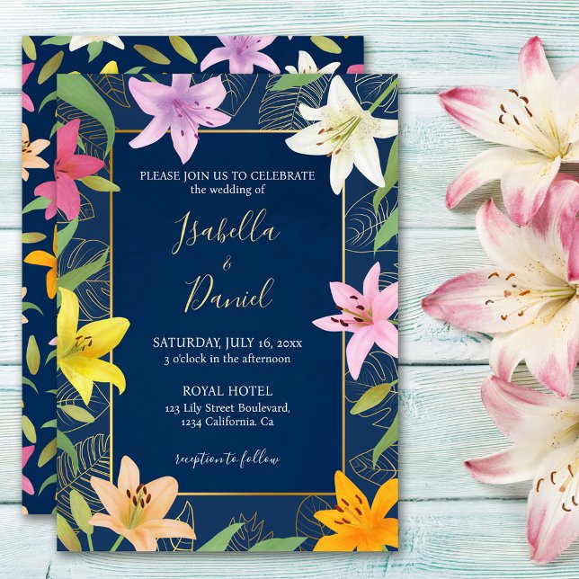 Convite Chamada de Casamento Lily Tropical Azul e Dourada (Blue Teal & Gold Tropical Lily Wedding Invitation)