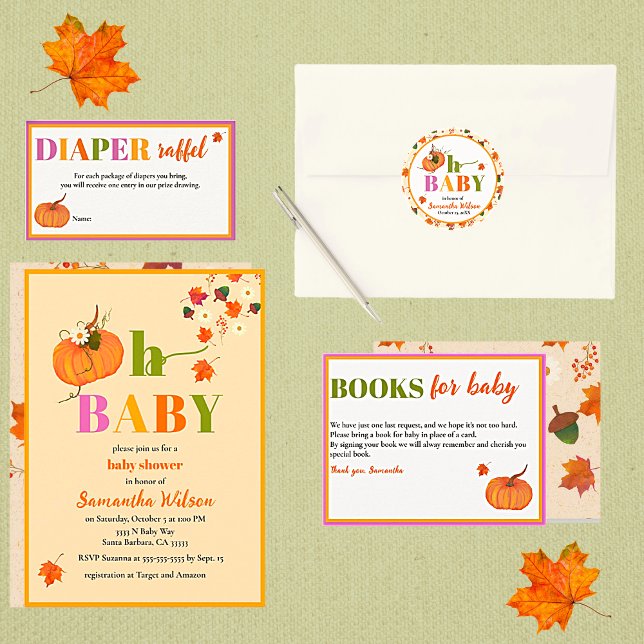 Convite Chamada de Chá de fraldas das flores de abóbora (Fall Pumpkin Baby Shower Collection. Easy to personalize.)