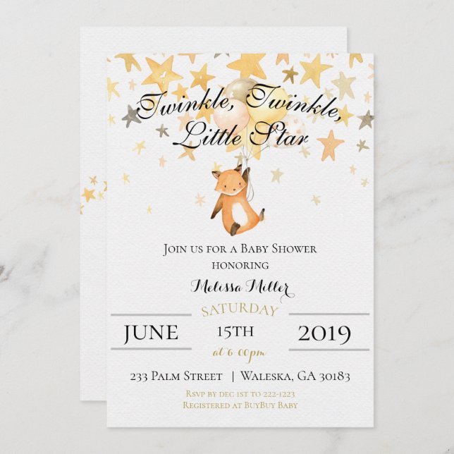 Convite Chamada de Chá de fraldas de Estrelas Pequenas e B (Frente/Verso)