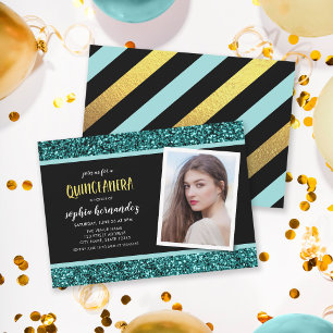 Convite Chamada de Quinceanera com Glitter Teal