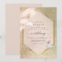 Convite Chamada Floral de Grama de Pampas Dourada Blush Ro