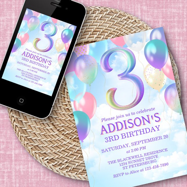 Convite Chamada Girls aniversário de 3 anos Rainbow Balloo (Criador carregado)