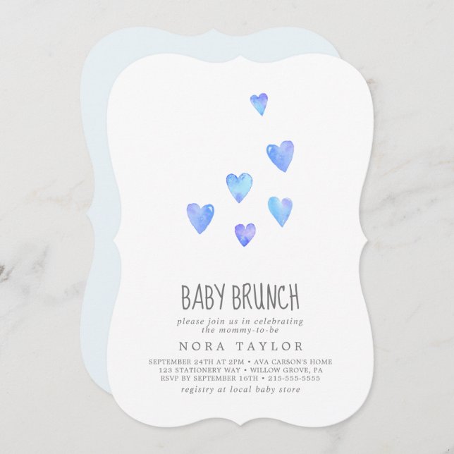 Convite Chamada Watercolor Hearts Boy Baby Brunch (Frente/Verso)