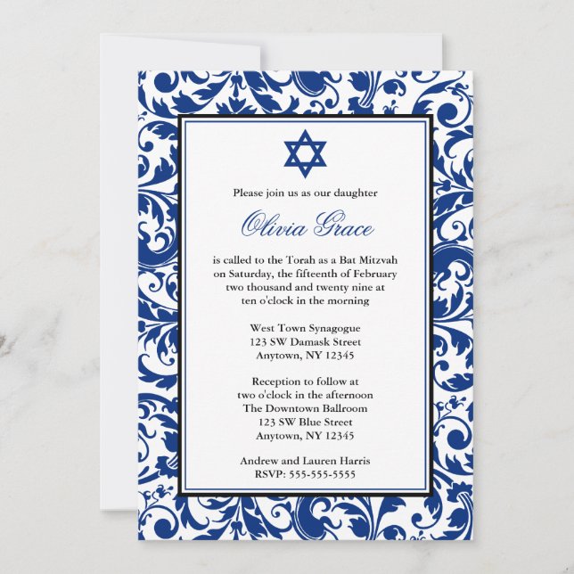 Convite Chamadas Blue Swirl Damask Mitzvah (Frente)