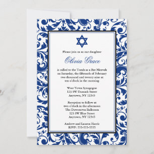 Convite Chamadas Blue Swirl Damask Mitzvah