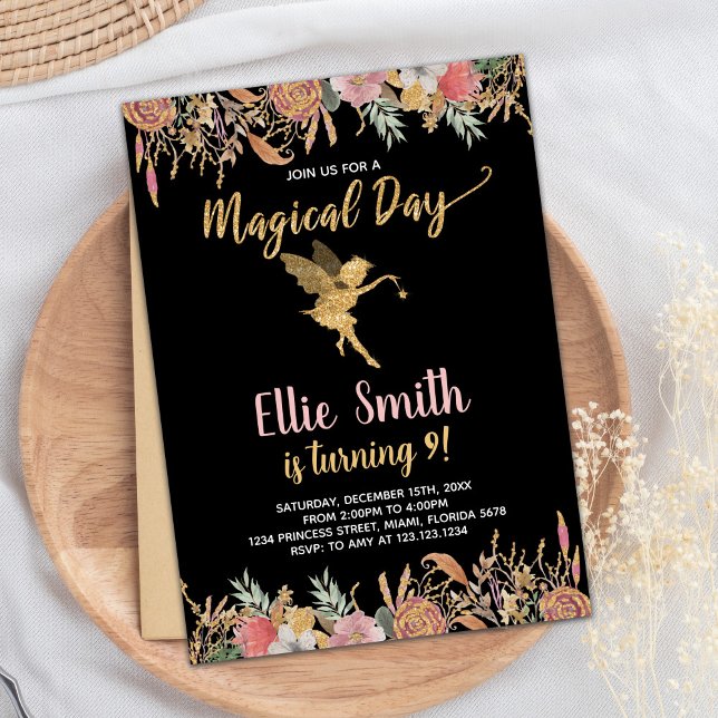 Convite Chamadas de Aniversário de Fada Floral Preta (Black Glitter Floral Fairy Birthday Invitations)