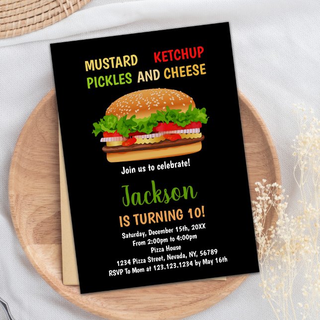 Convite Chamadas de aniversário do Burger Black Red Green (Black Red Green Burger Birthday Invitations)