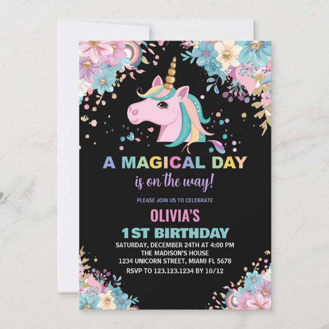 Convite Chamadas de Aniversário do Unicorn Floral Glitter (Frente)