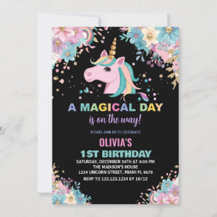 Convite Chamadas de Aniversário do Unicorn Floral Glitter