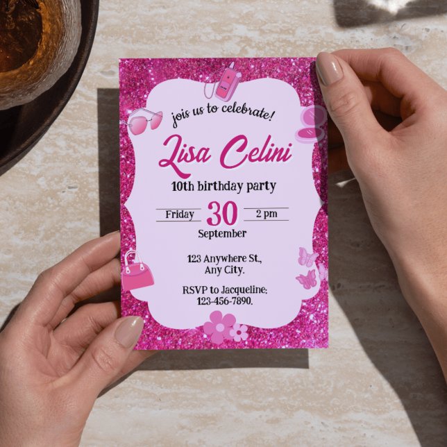 Convite Chamadas de Aniversário para Garota Floral Rosa (Pink Glitter Floral Girl Birthday Invitations - Sparkly & Feminine Bday Invites)