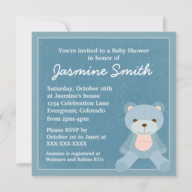 Convite Chamadas de banho de bebê com ursinho azul (Frente)
