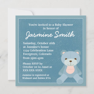 Convite Chamadas de banho de bebê com ursinho azul