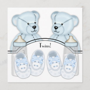 Convite Chamadas de Bebê-Bebê Blue Teddy Bear Twin Boys