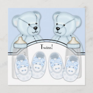 Convite Chamadas de Bebê-Bebê Blue Teddy Bear Twin Boys