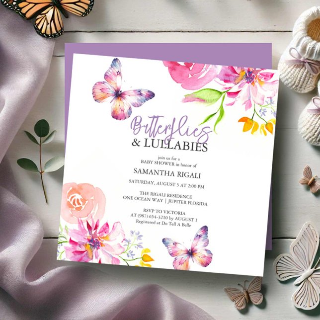 Convite Chamadas de Bebê-Bebê-Borboleta (Butterfly baby shower invitations purple watercolor art by Victoria Grigaliunas Do Tell A Belle)