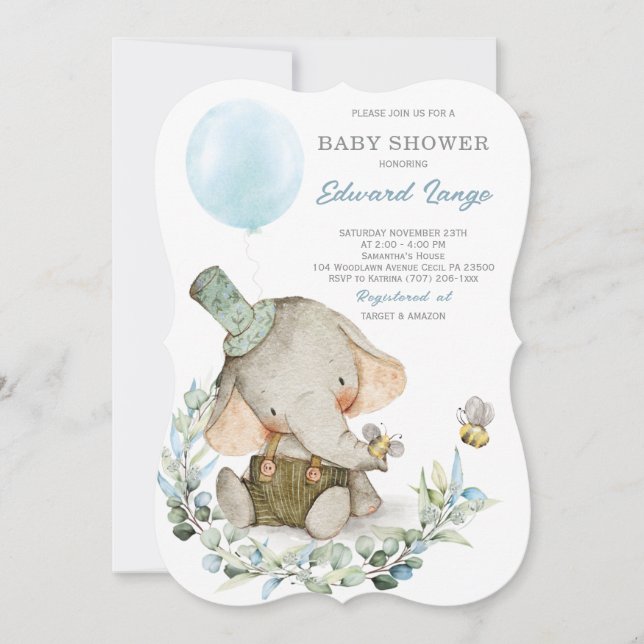 Convite Chamadas de Bebê Elefante Imprimível Azul (Frente)