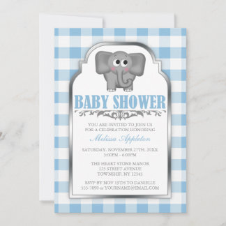 Convite Chamadas de Bebê Gingham Blue Elephant