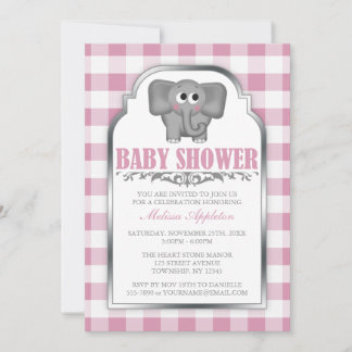 Convite Chamadas de Bebê Gingham Gingham, Elefante Cinza, 
