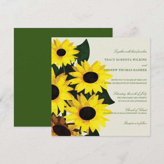 Convite Chamadas de Casamento Amarelo de Girassóis (Frente/Verso)