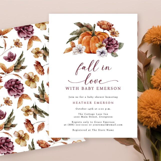 Convite Chamadas de Chuva de Bebês de Abóbora (Fall In Love With Baby Burnt Orange Baby Shower Invitation Watercolor Floral Pumpkins )
