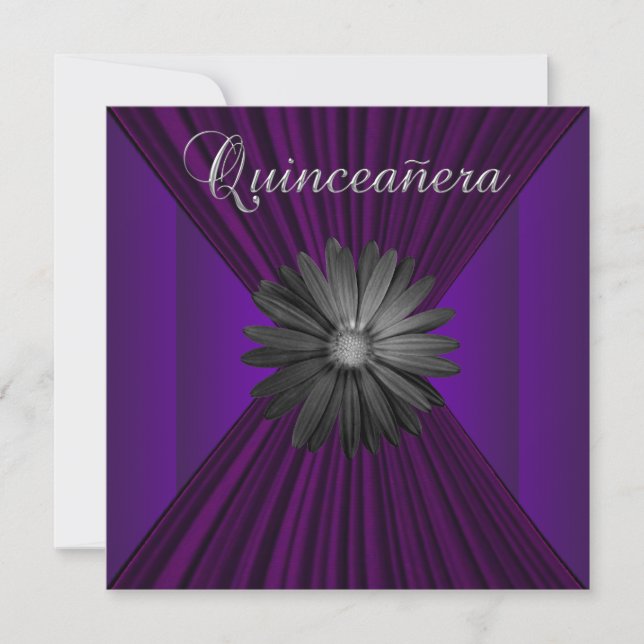 Convite Chamadas de Quinceanera, Daisy Roxo Negro Elegante (Frente)