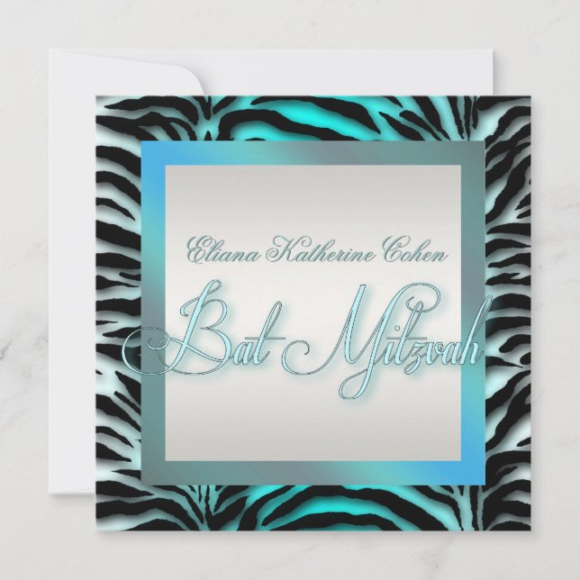 Convite Chamadas de Teal Blue Zebra Bat Mitzvah (Frente)