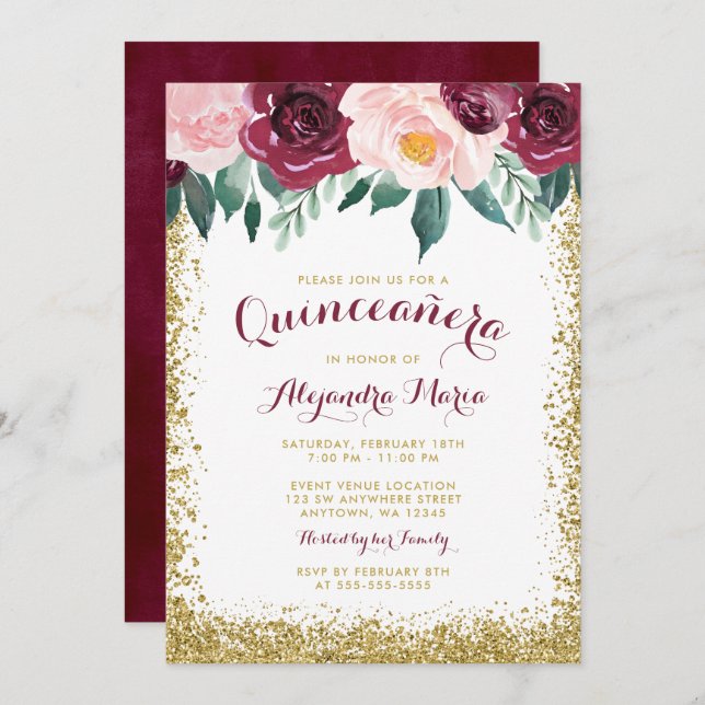 Convite Chamadas Florais Douradas de Quinceanera Burgundia (Frente/Verso)