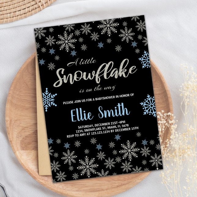 Convite Chamadas para bebê de inverno com brilho azul pret (Black Blue Glitter Winter Baby Shower Invitations)