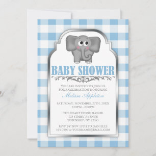 Convite Chamadas para bebê Gingham Blue Elephant