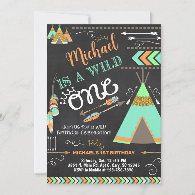 Convite Chamado de primeiro aniversario do Teepee Wild One (Frente)
