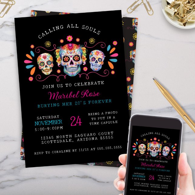 Convite Chamando Todas As Almas Mexicanas De Crânio De Doc (Colorful Skull Candy Birthday Party invitation for any age or Dia de los Muertos Day of the Dead)