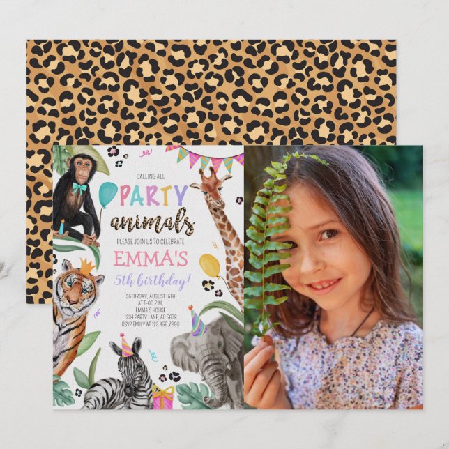 Convite Chamando todos os animais da festa Foto de anivers (Frente/Verso)