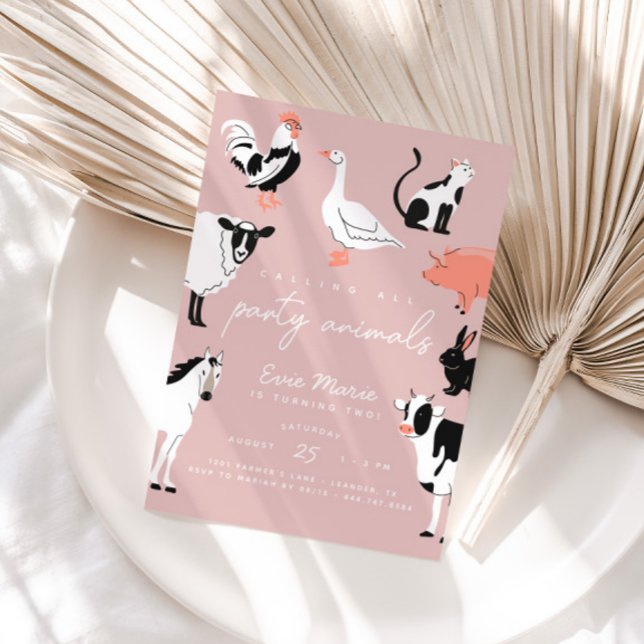 Convite Chamando todos os animais da parte | Crianças e an (Calling All Party Animals! Modern pink invitation.)