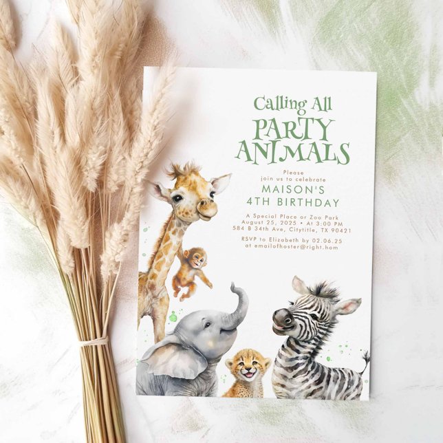 Convite Chamando todos os animais de festa de aniversário  (Safari Animals Cute Birthday Invitations)