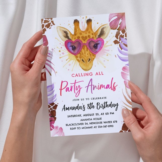 Convite Chamando Todos os Animais de Festa - Girafa Aniver (Zazzle Calling All Party Animals - Giraffe Calling All  Birthday Invitation)