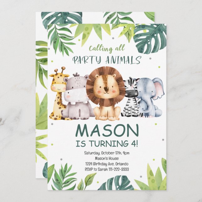 Convite Chamando todos os animais de festa Safari Aniversá (Frente/Verso)