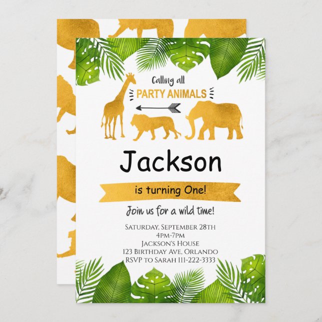 Convite Chamando todos os animais de festa Safari de Ouro (Frente/Verso)