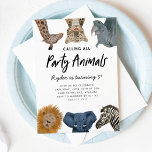 Convite Chamando todos os animais de festa Safari Zoo Birt<br><div class="desc">O safari de animais de crianças bonitos e divertidos é um convite de aniversário que ilustra animais safari de girafa,  leopardo-da-neve,  rinoceronte,  leão,  elefante e zebra. O texto diz "chamando todos os animais da festa." Perfeito para a festa de aniversário de um menino.</div>