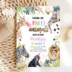 Convite Chamando todos os animais de festa Safari Zoo Girl