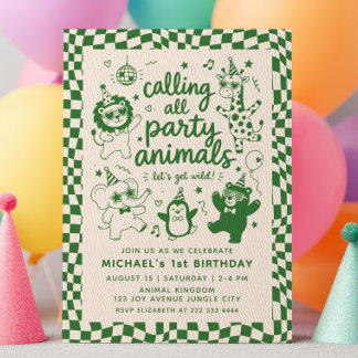 Convite Chamando Todos os Animais de Festa Verde RETRO 1º 