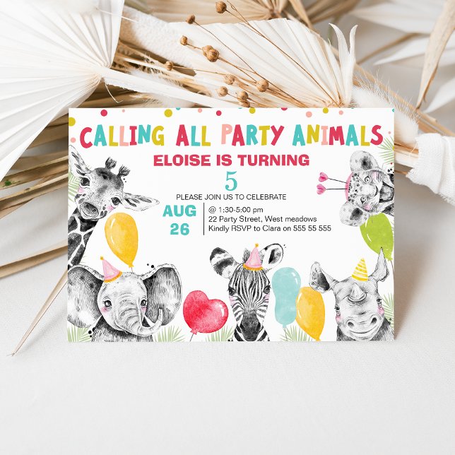 Convite Chamando Todos Os Animais De Festas De Aniversário (Colorful Calling All Party Animals Safari Birthday Invitation, Jungle Animals, Balloons, Party Hats)