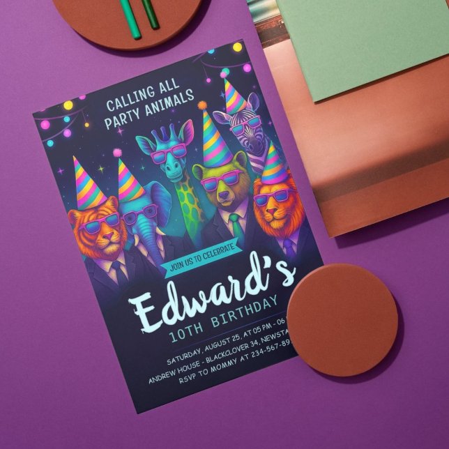 Convite Chamando Todos Os Animais Festas - Aniversário Ric (Calling All Party Animals – Fancy Animal Birthday Invitation)
