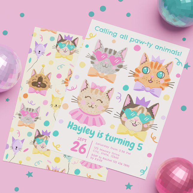 Convite Chamando Todos Os Animais Pawes De Gato Gato Gato  (Calling All Pawty Animals Cute Kitty Cat Birthday Invitation)