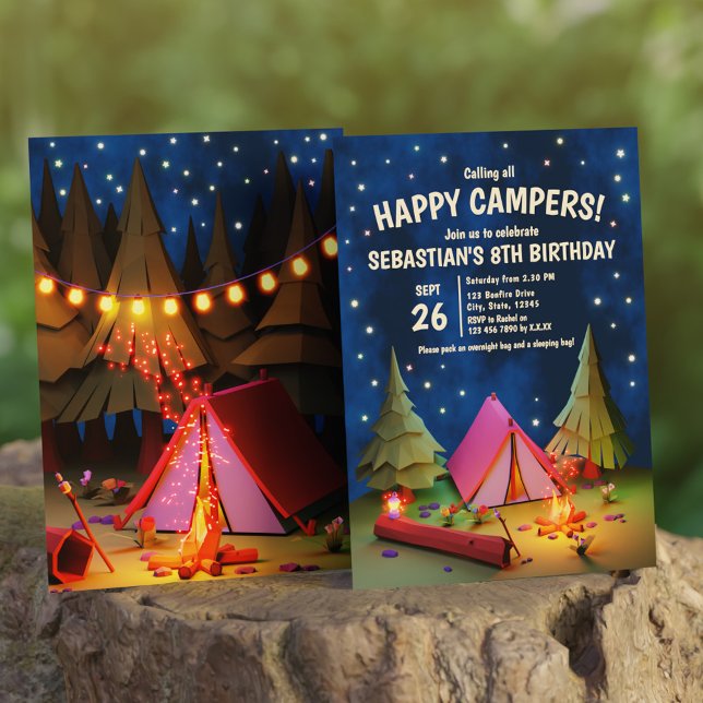 Convite Chamando Todos Os Campos Felizes Sob As Estrelas A (Calling All Happy Campers Under the Stars Birthday Invitation)