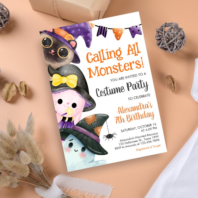 Convite Chamando Todos os Monstros de Figurino de Hallowee (Calling All Monsters Costume Halloween Birthday Invitation)