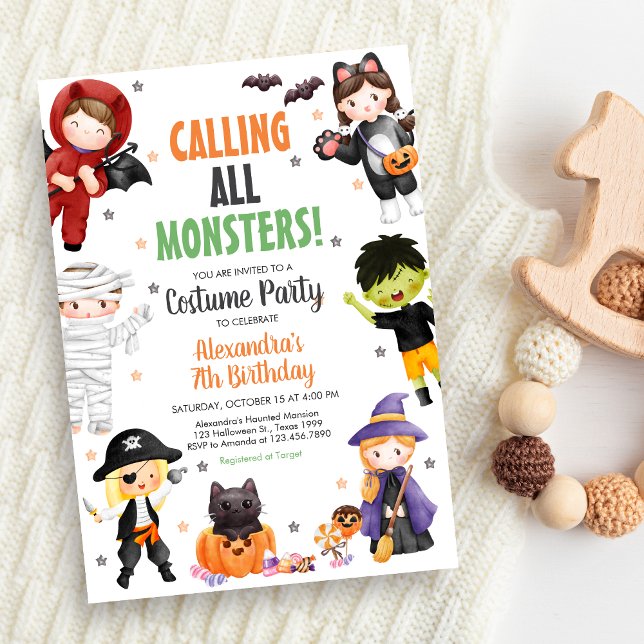 Convite Chamando Todos os Monstros de Figurino Dia das Bru (Spooky Costume Halloween Birthday Invitation)